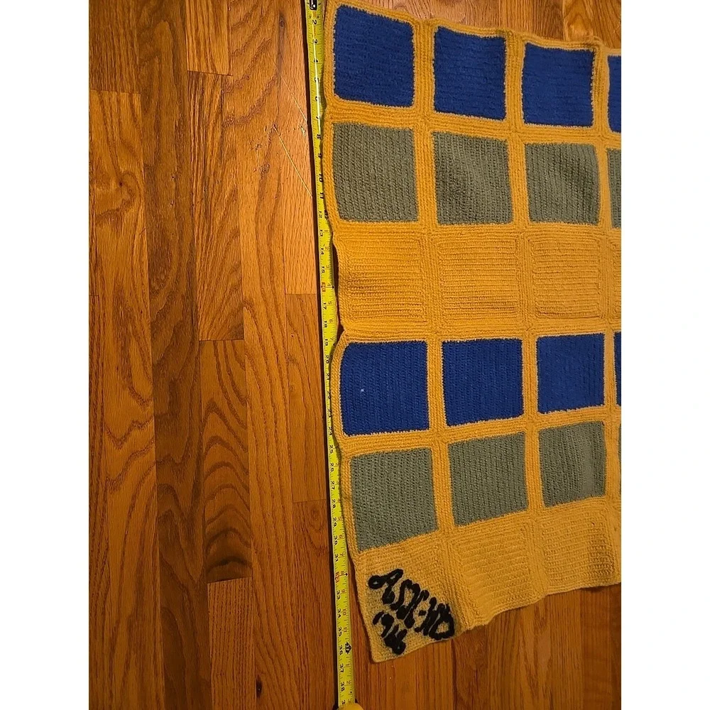 Vintage Crochet Afghan Throw Blanket Handmade 65x36 Yellow Blue Green 1966
